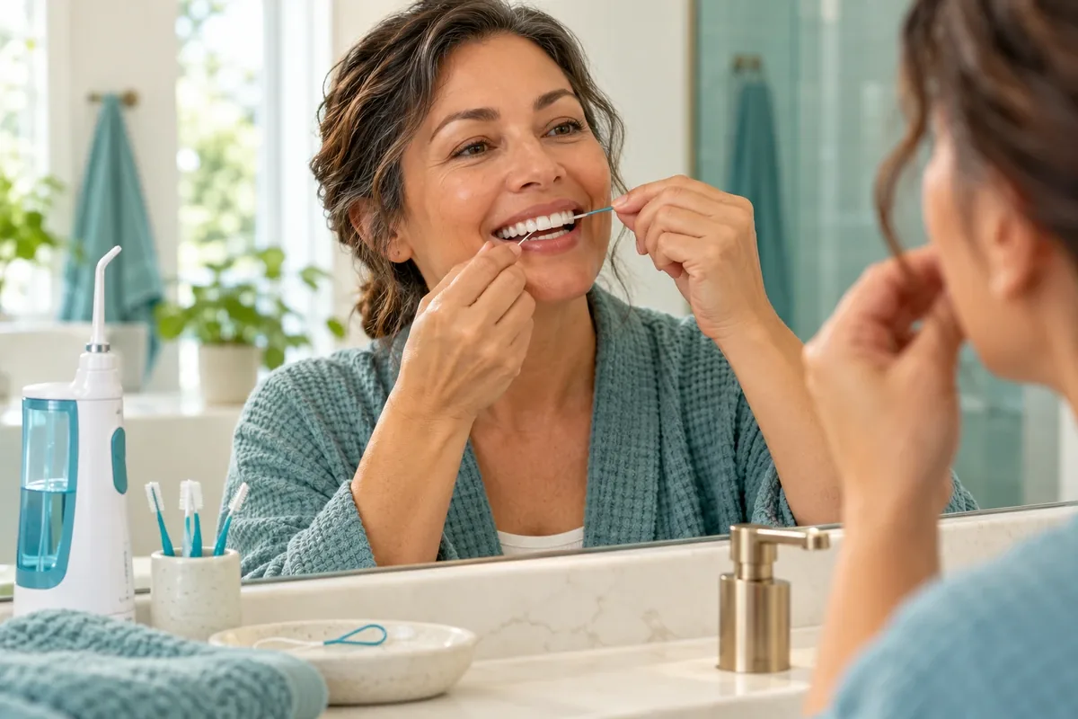 Adult at a bathroom mirror threading floss under a full-arch implant bridge with a water flosser on the counter