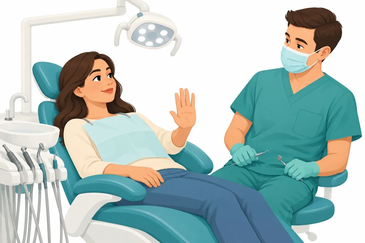 Simple illustration of a reclined patient raising one hand while a dentist pauses and leans back