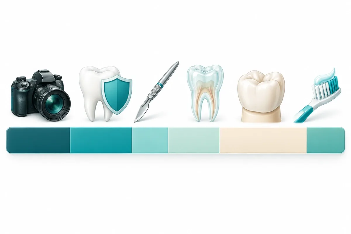 Illustration of a stacked bar divided into segments representing records, disease control, surgery, temporaries, final restorations, and maintenance