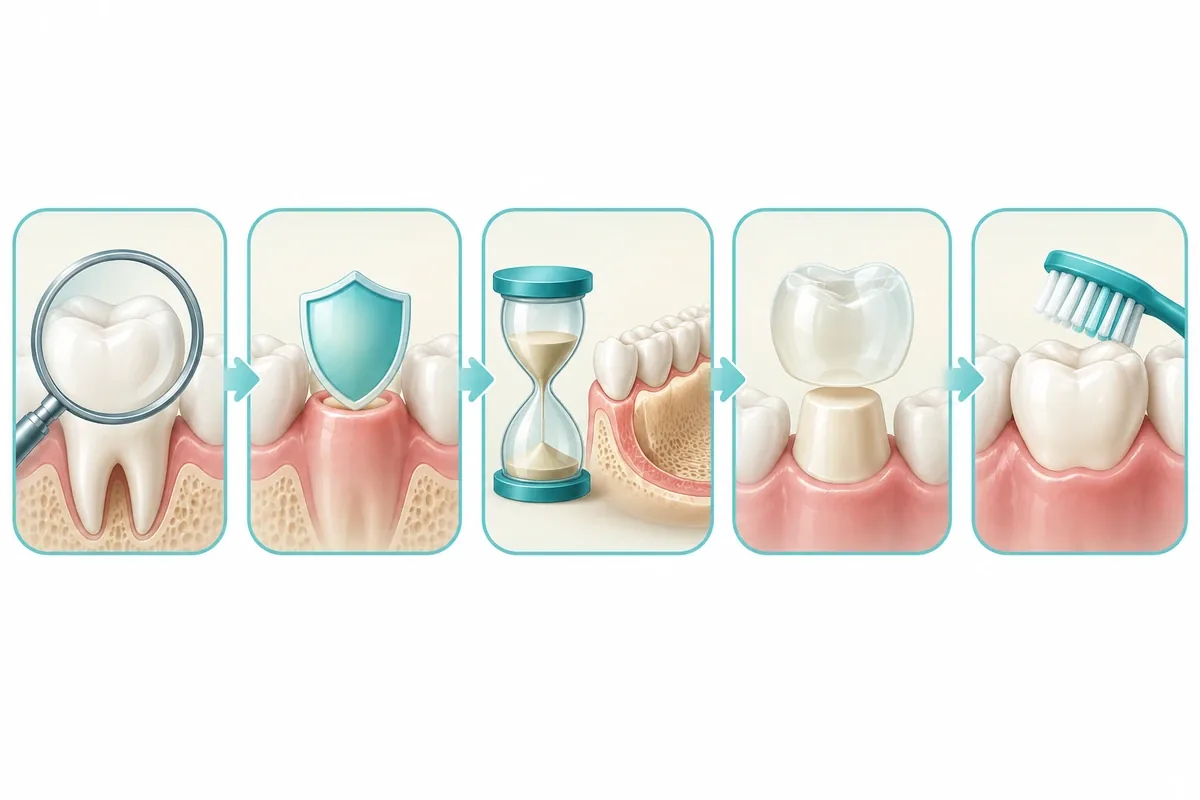 Flow illustration of five connected stages from diagnosis through stabilization, healing, trial restorations, and final teeth with maintenance