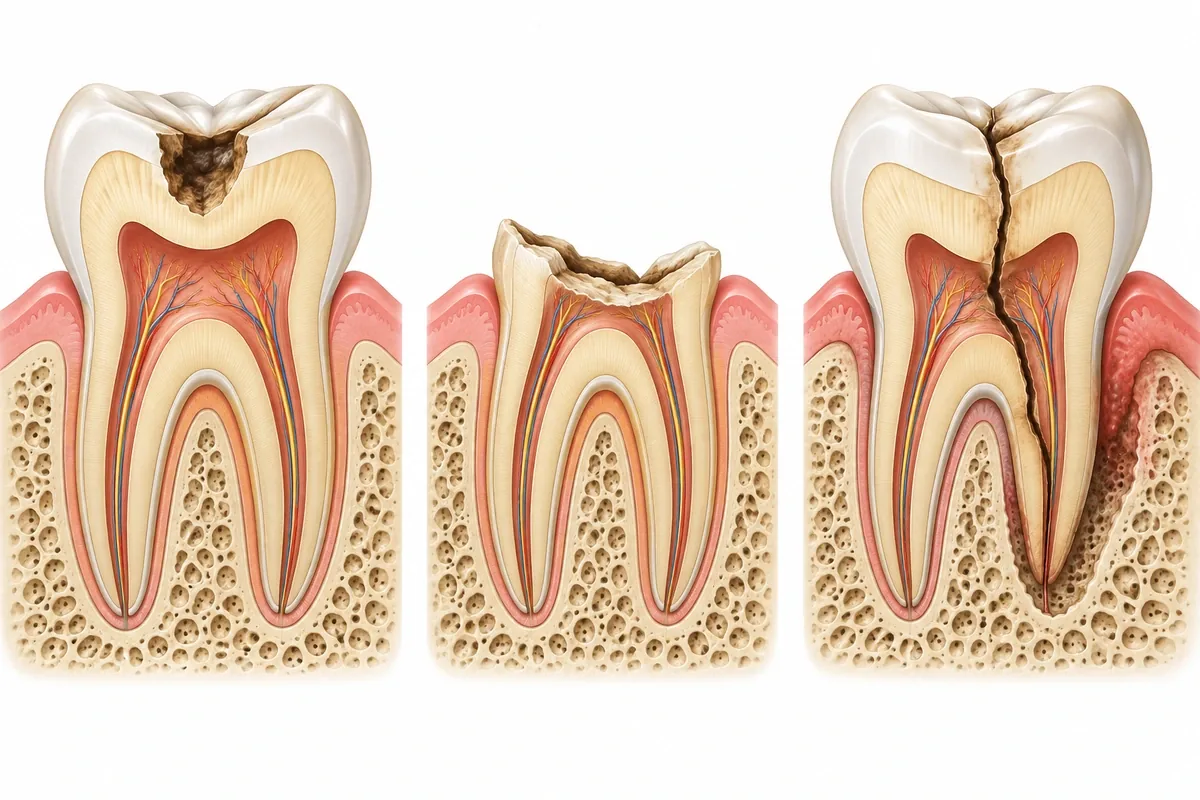Three cross-section drawings of a molar: decay with solid walls remaining, a tooth broken near the gumline, and a crack running down the root