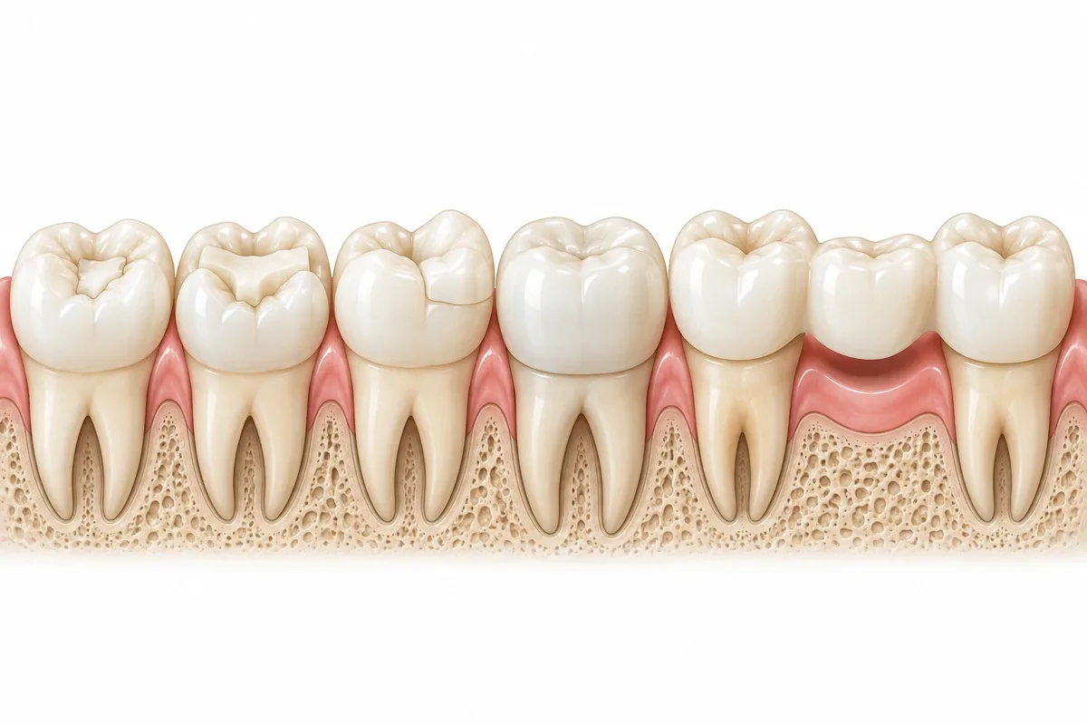 Illustration of five molars showing increasing repair: filling, inlay, onlay, crown, and a bridge replacing a missing tooth