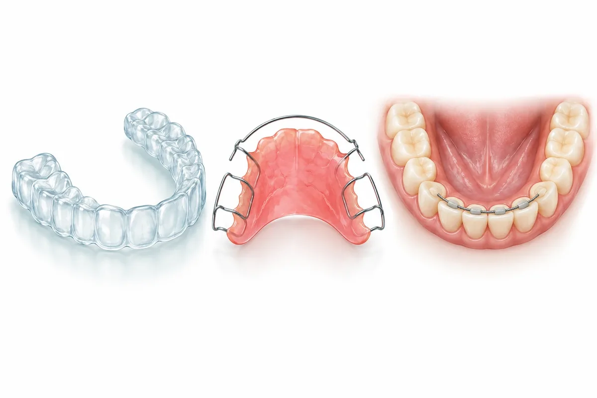Illustration of three retainer types: a clear tray, a wire-and-acrylic plate, and a thin wire bonded behind the lower front teeth