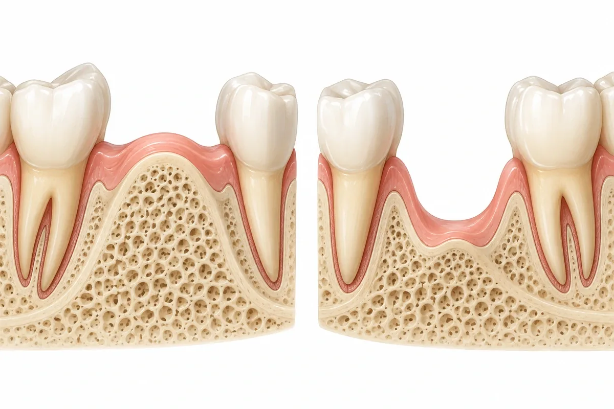 Side-by-side illustration comparing a full jaw ridge with a narrowed, collapsed ridge where a tooth was lost years earlier