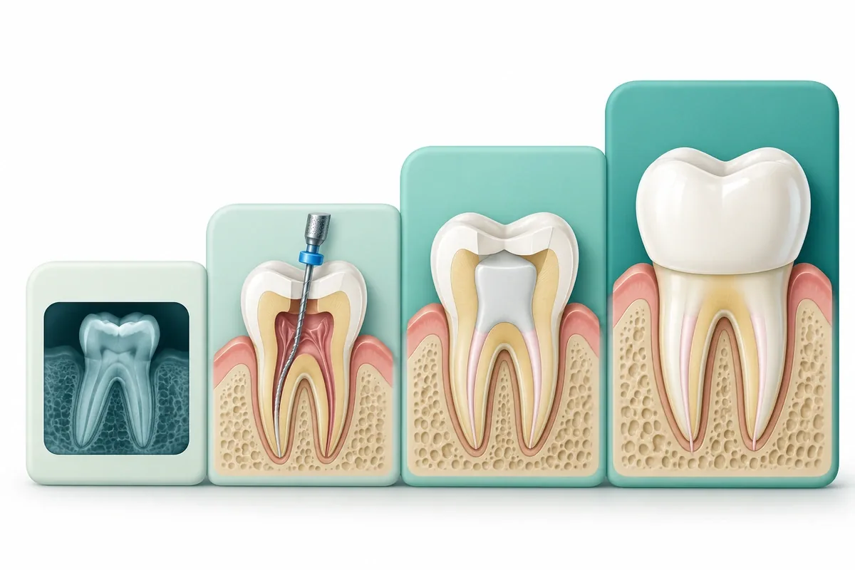 Illustration of stacked blocks representing the parts of a root canal estimate: exam and X-rays, root canal, buildup, crown