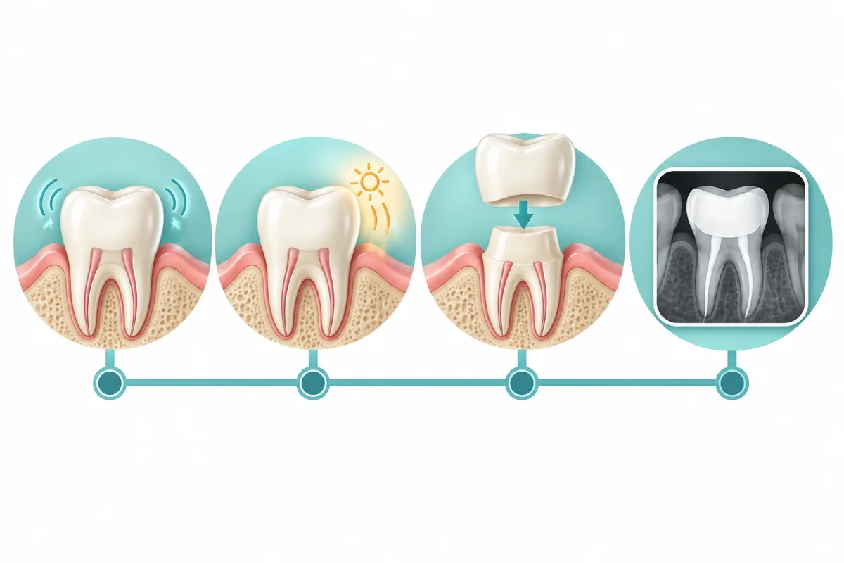 Simple illustrated timeline showing the first two days, the first week, the crown appointment and a follow-up X-ray after a root canal