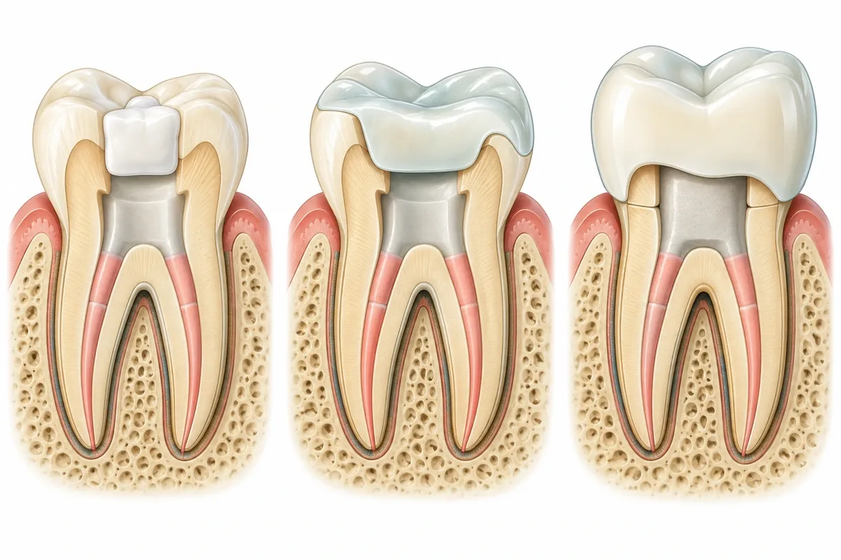 Side-by-side illustration of a treated tooth restored three ways: filling only, onlay covering the cusps, and full crown over a buildup