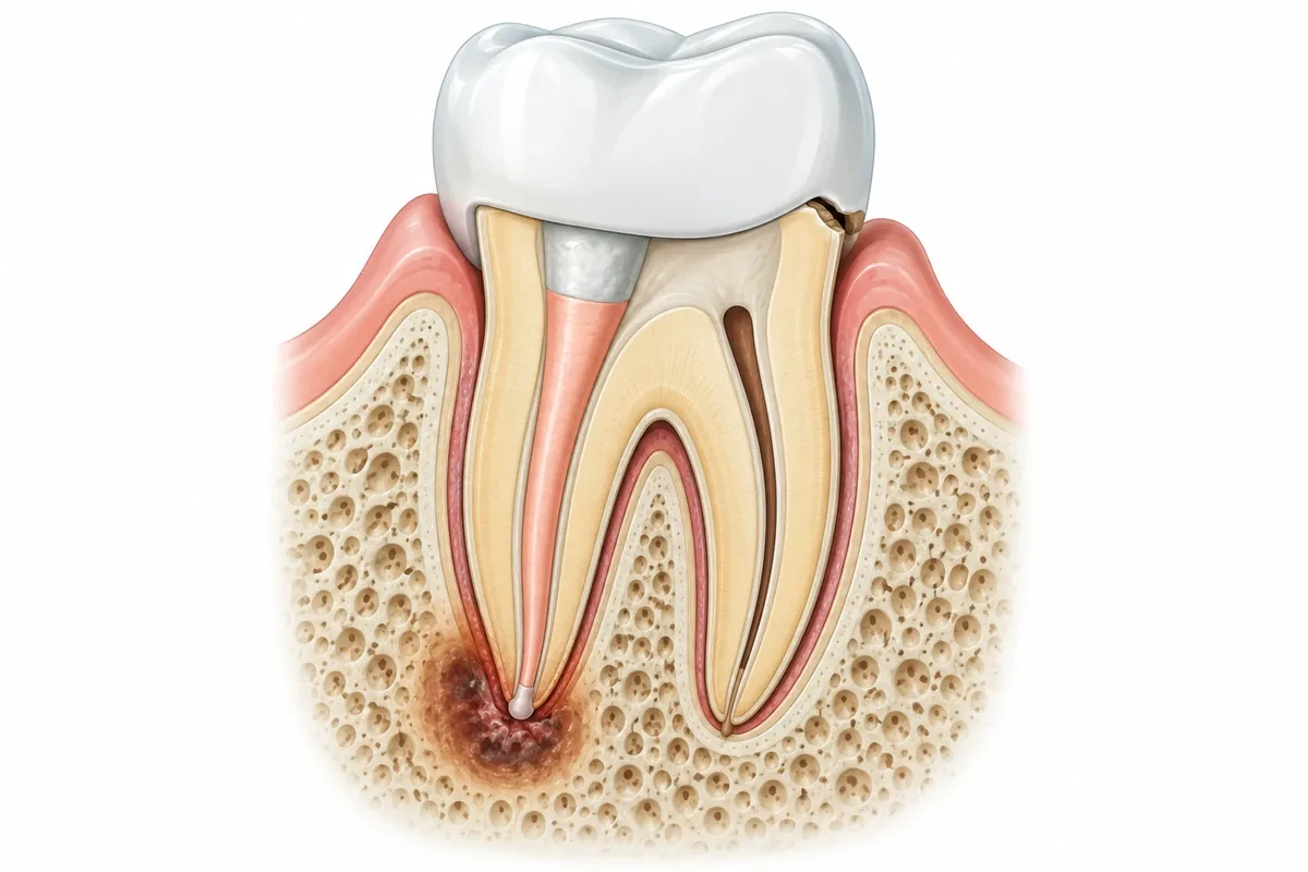 Illustration of a root-treated tooth showing a missed canal, a leaking crown margin and a dark area at the root tip
