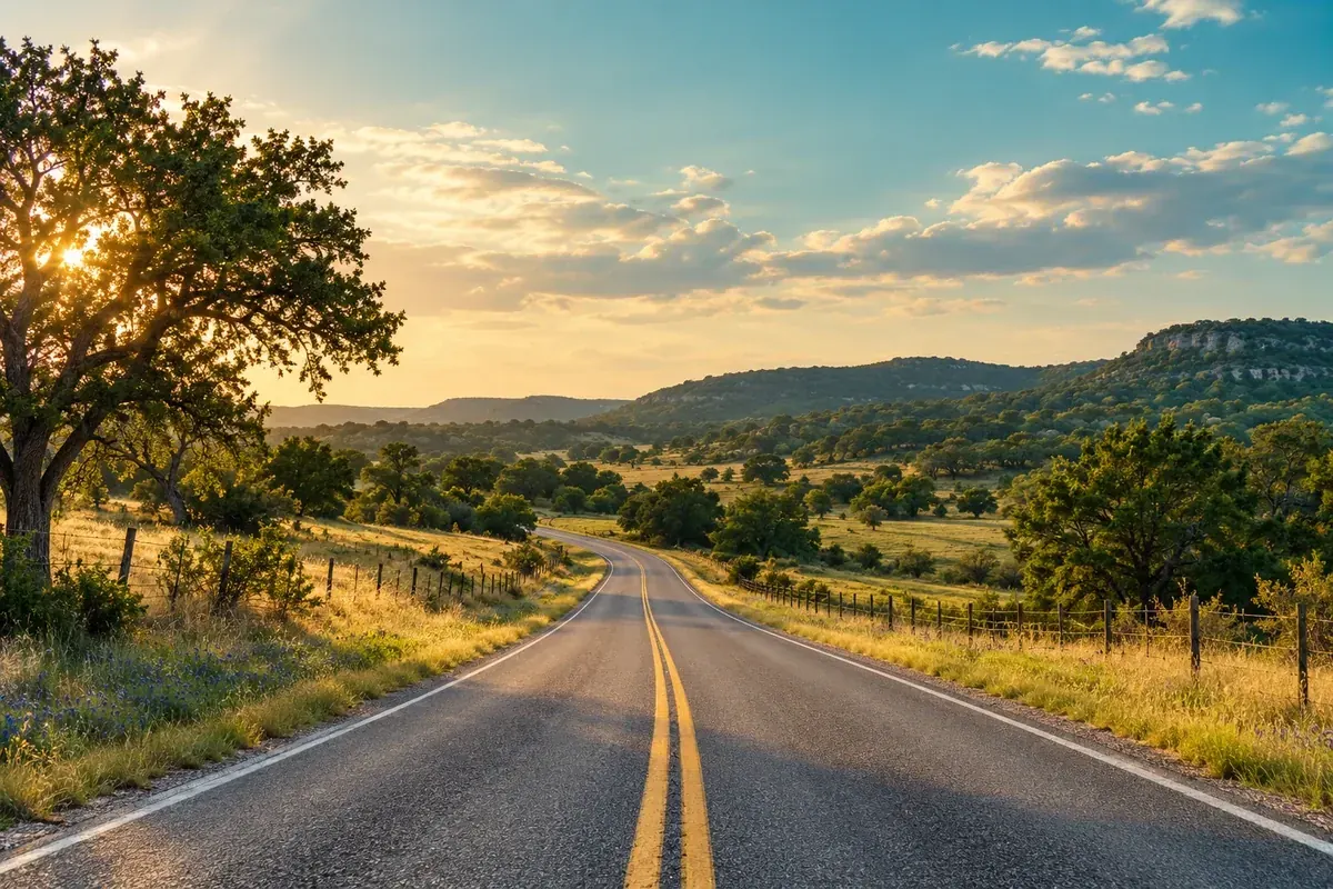 Empty two-lane state highway running between pastures and cedar breaks in northern Bosque County, Texas