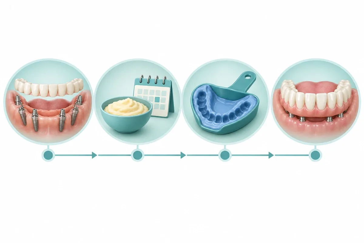 Illustrated timeline in four stages: implant surgery with temporary bridge, soft-diet healing, impressions, final bridge