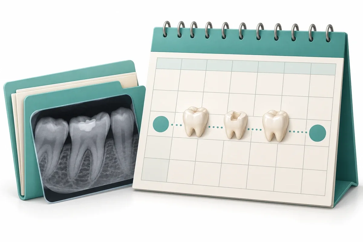 Illustration of a calendar with an arrival and departure marked and dental visits placed between them, plus a records folder