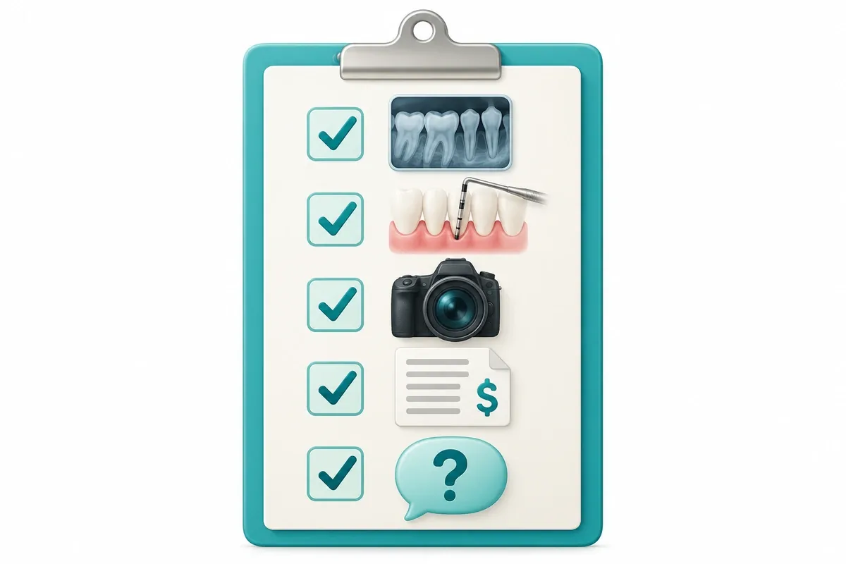 Illustration of a checklist beside icons for an X-ray, a gum chart, a camera, a written plan, and a question mark