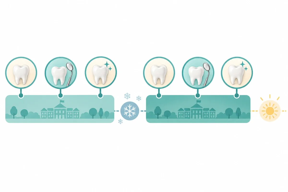 Illustrated timeline of a school year showing where exams, a multi-visit treatment and breaks fall