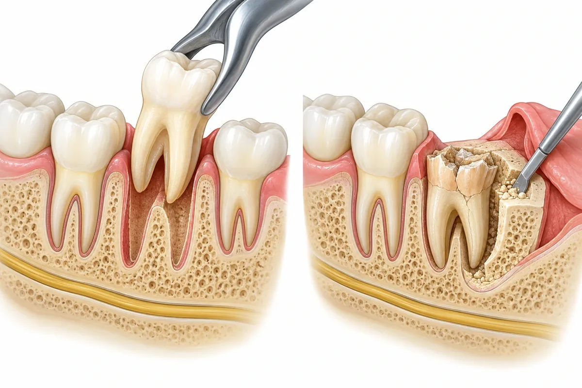 Side-by-side illustration of a fully erupted tooth being lifted from its socket and a broken tooth below the gum requiring bone removal