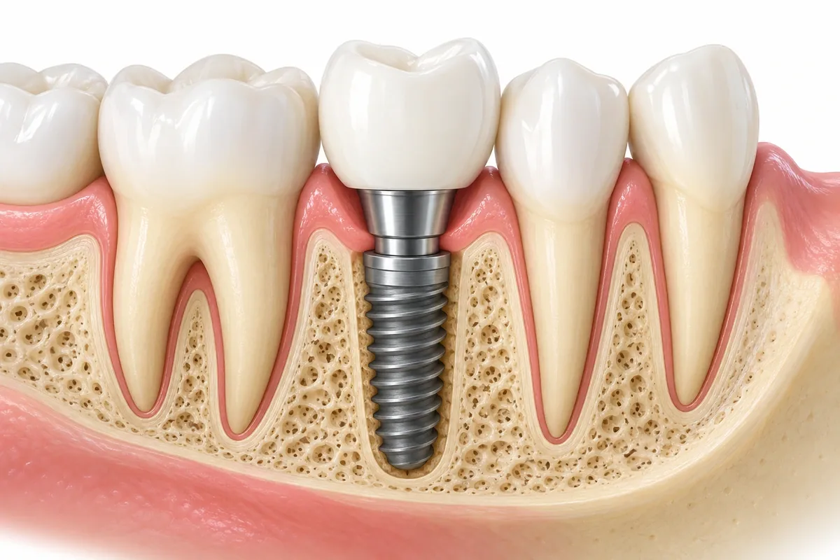 Cross-section illustration of a single dental implant showing the titanium post in bone, the abutment and the crown