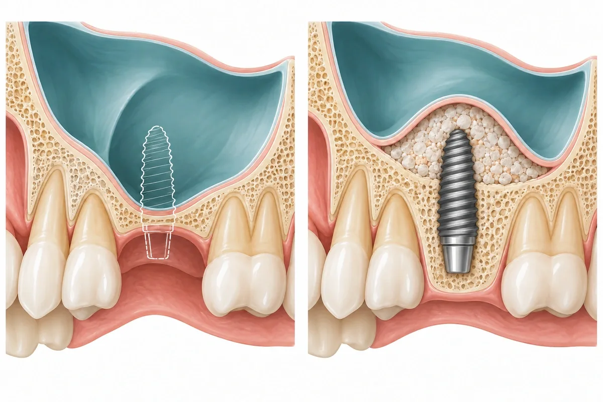 Two-panel cross-section illustration of an upper jaw: thin bone beneath the sinus, then graft material lifted into the sinus floor with an implant placed