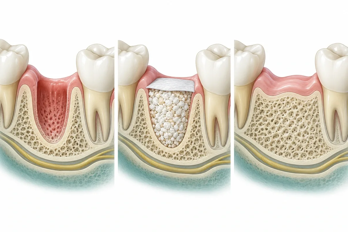 Three-panel illustration: empty tooth socket, socket filled with granular graft material, and healed ridge ready for an implant