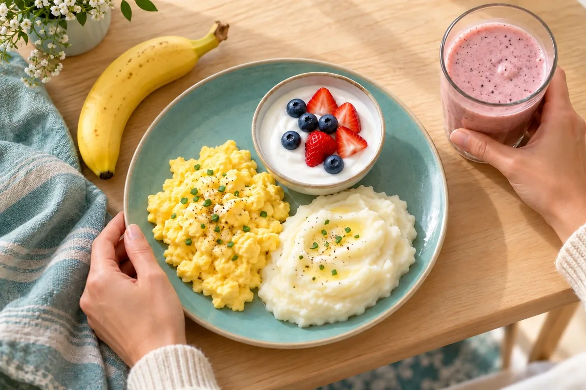 Plate of soft foods including yogurt, scrambled eggs, mashed potatoes and a smoothie on a kitchen table