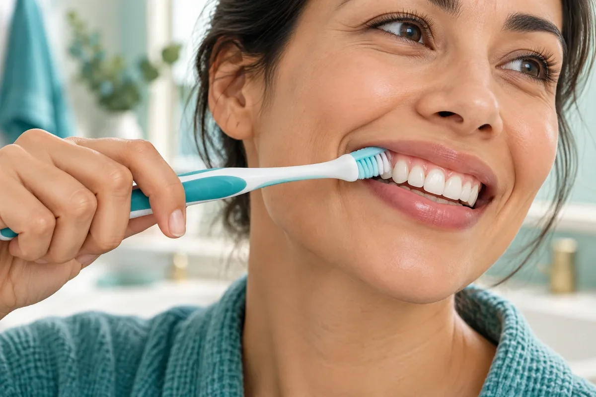 Close-up of a soft-bristled toothbrush angled gently toward the gumline of a person's teeth