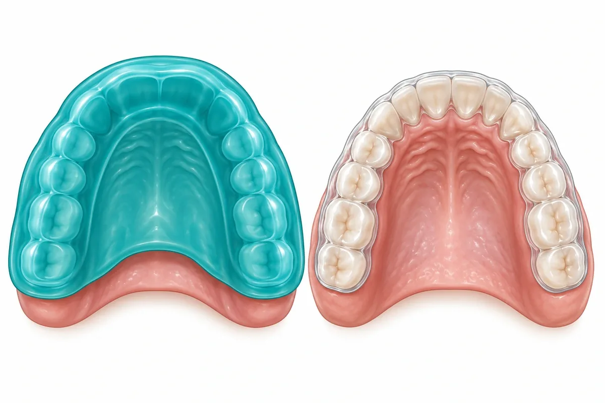 Illustration comparing a thick cushioned sports mouthguard with a thin hard night guard, both shown on upper teeth