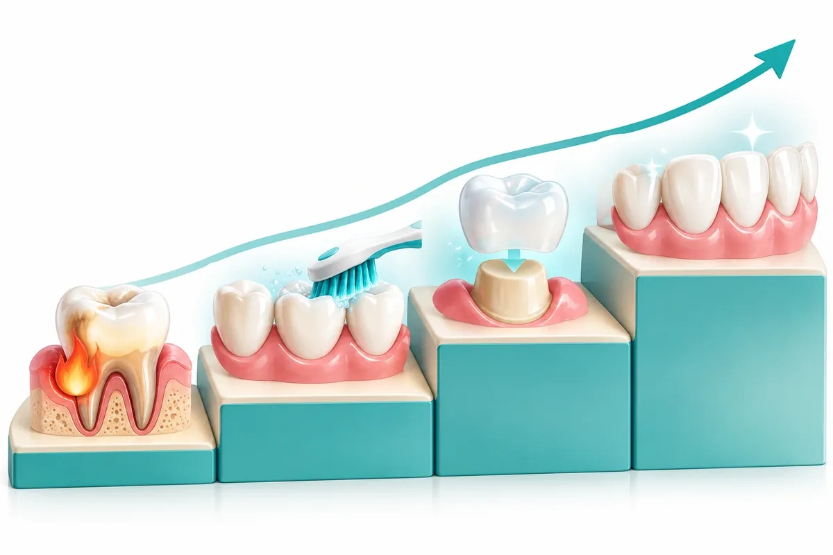 Four-step illustration showing urgent care, gum stabilization, temporary restorations and final restorations as separate phases
