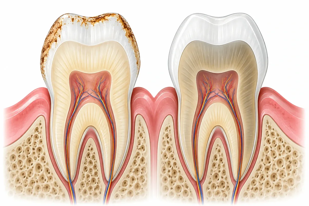 Cross-section illustration comparing pigment sitting on the enamel surface with discoloration within the dentin of a tooth