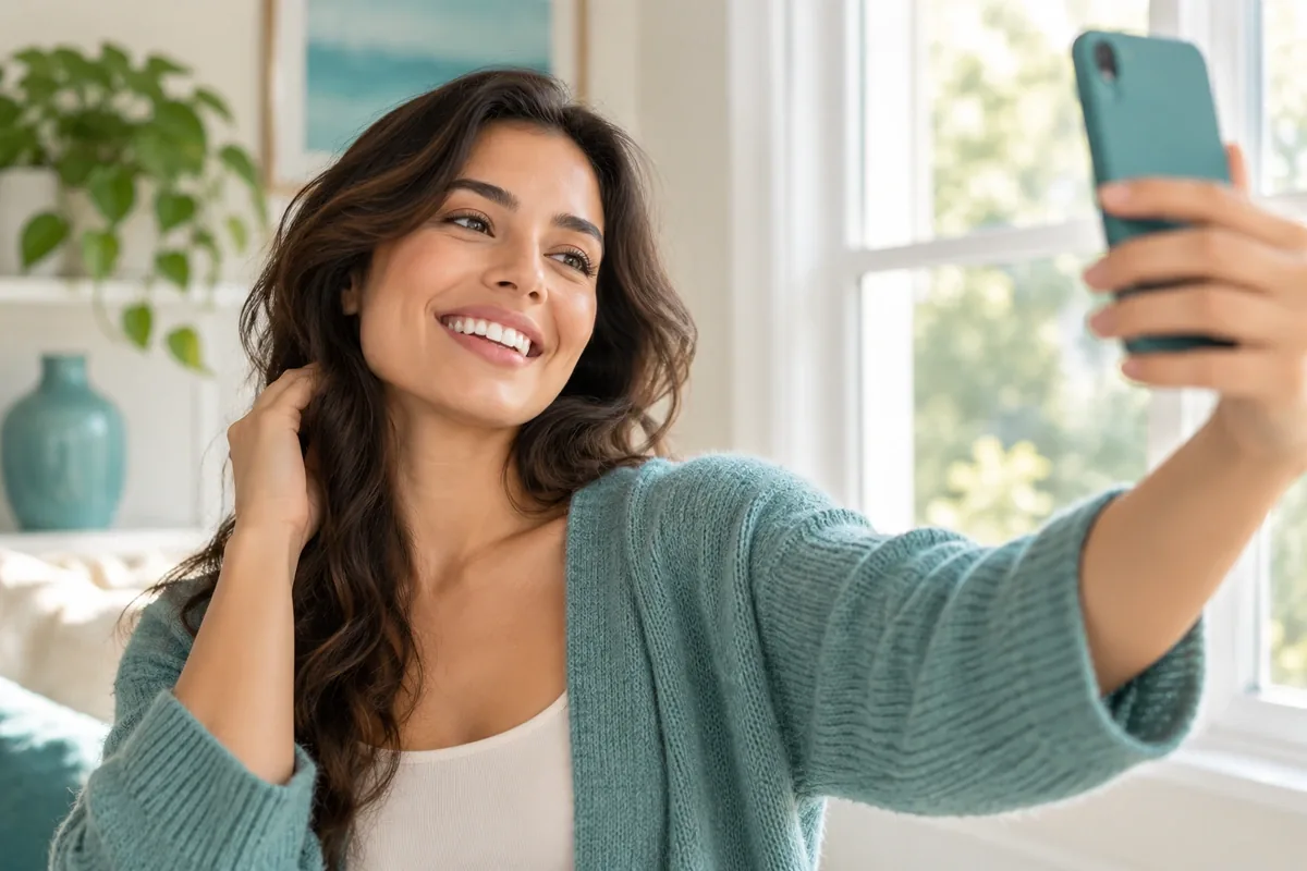 Adult standing by a window taking a close-up photo of their own smile with a smartphone