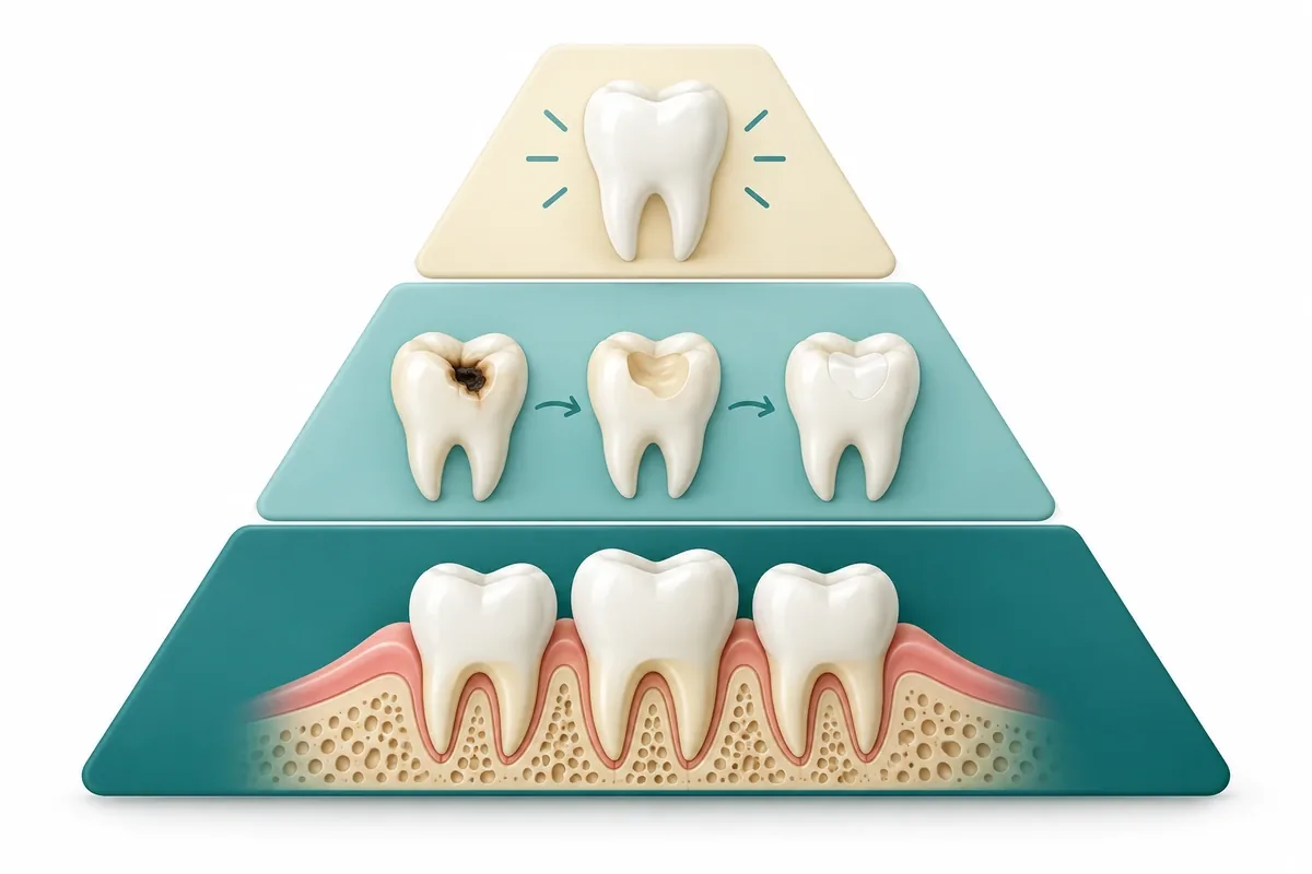 Illustration of three stacked tiers labeled by shade: urgent problems at the base, preventive treatment in the middle, optional changes at the top