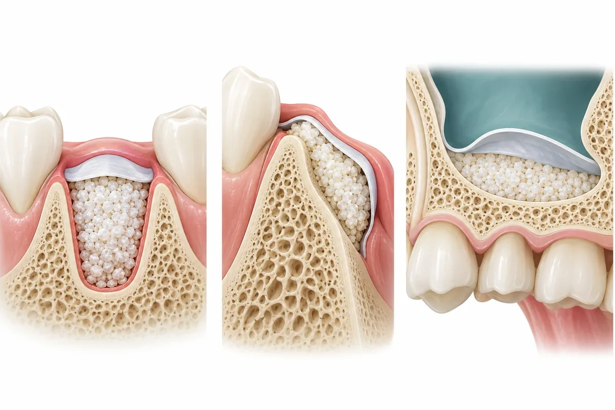 Three cross-section illustrations of a jaw: graft filling a fresh extraction socket, graft widening a thin ridge, and graft lifting the sinus floor