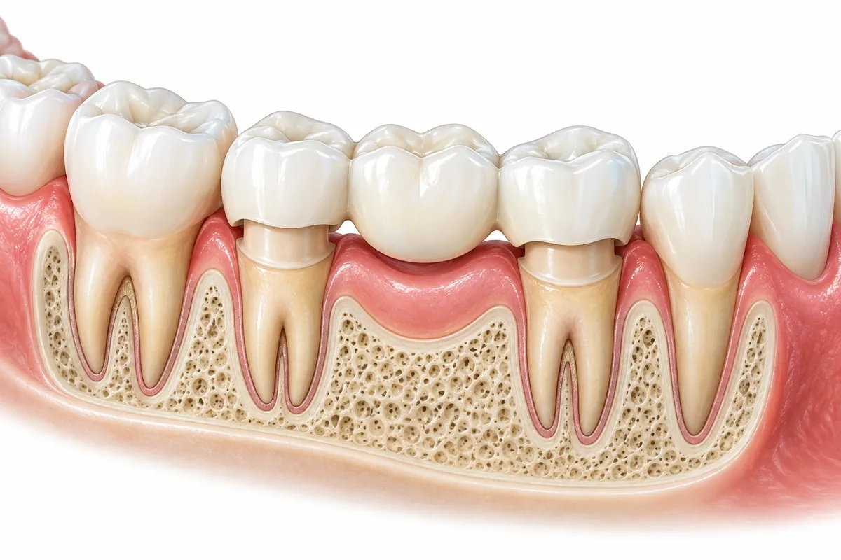 Illustration of a three-unit bridge: two crowned anchor teeth with a replacement tooth joined between them over the gum