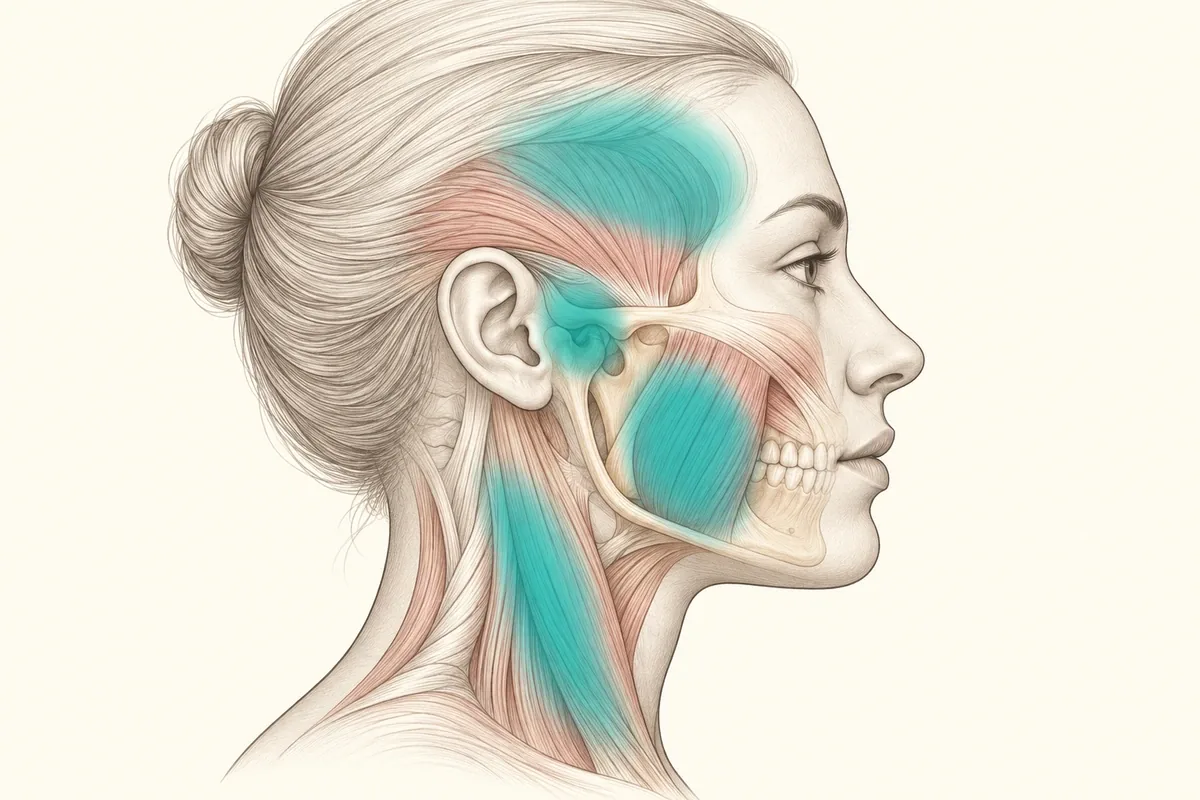 Side-view illustration of a head with soft highlights at the temple, in front of the ear, over the cheek muscle and down the neck
