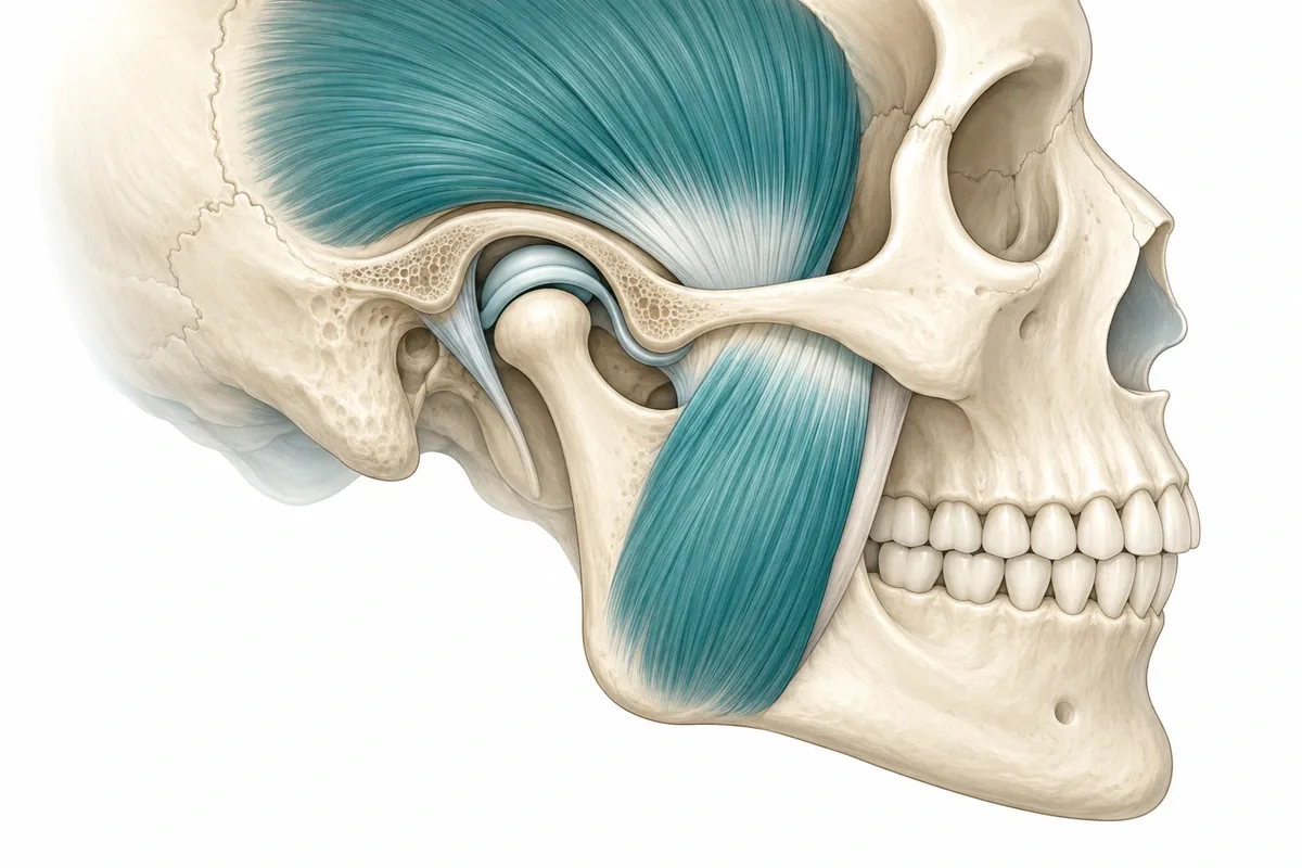 Side-view illustration of the jaw joint showing the condyle, the cushioning disc, the skull socket and the chewing muscles