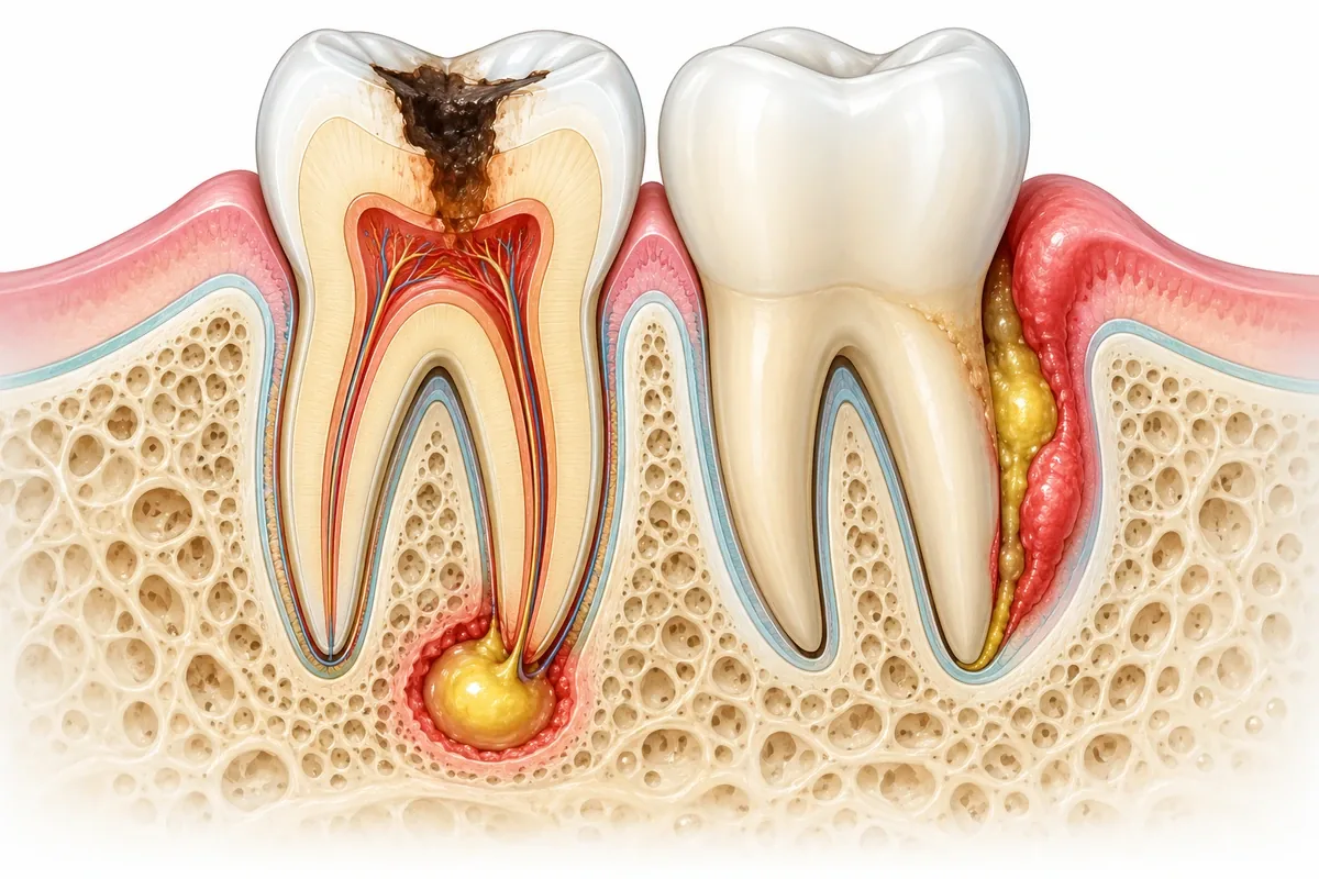 Cross-section illustration comparing an abscess at a tooth root tip with an abscess in a deep gum pocket beside a tooth