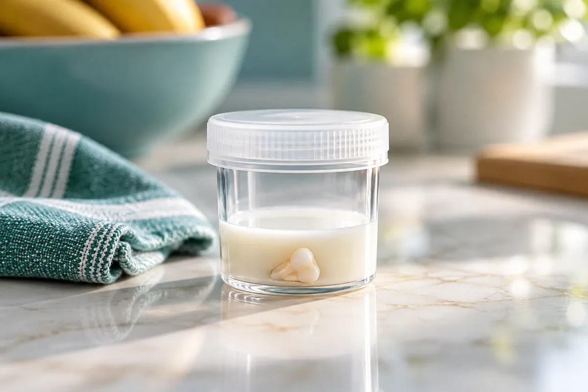 Small tooth fragment resting in a clear lidded container of milk on a counter
