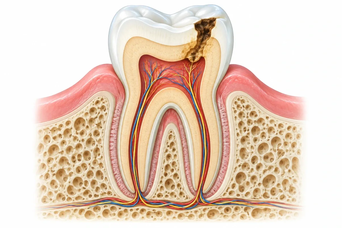 Cross-section illustration of a tooth showing enamel, dentin, pulp, root and gum, with decay reaching the pulp