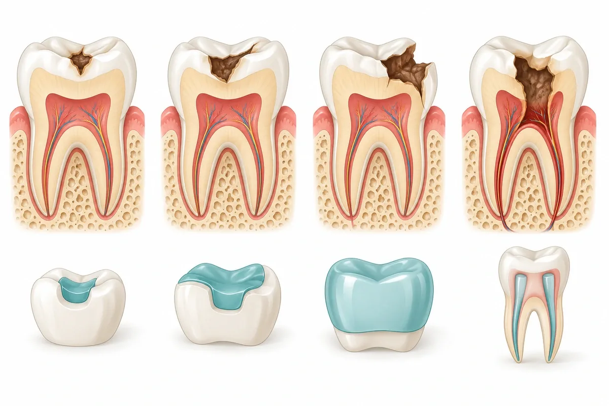 Illustrated cross-sections of four teeth with increasing damage, matched to a filling, an onlay, a crown and a root canal