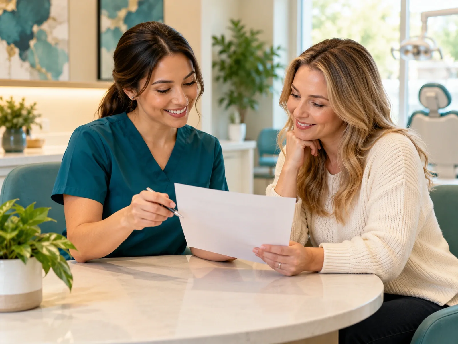 Treatment coordinator and patient reviewing a printed estimate together at a consultation desk