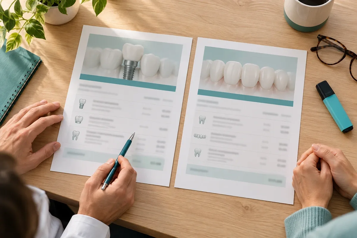 Two printed dental treatment estimates laid side by side on a desk with a highlighter and reading glasses