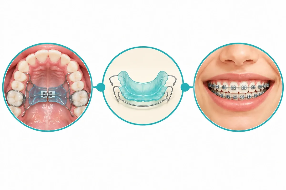 Illustration of a two-phase orthodontic timeline: early treatment, a resting period with a retainer, then full alignment in the teen years