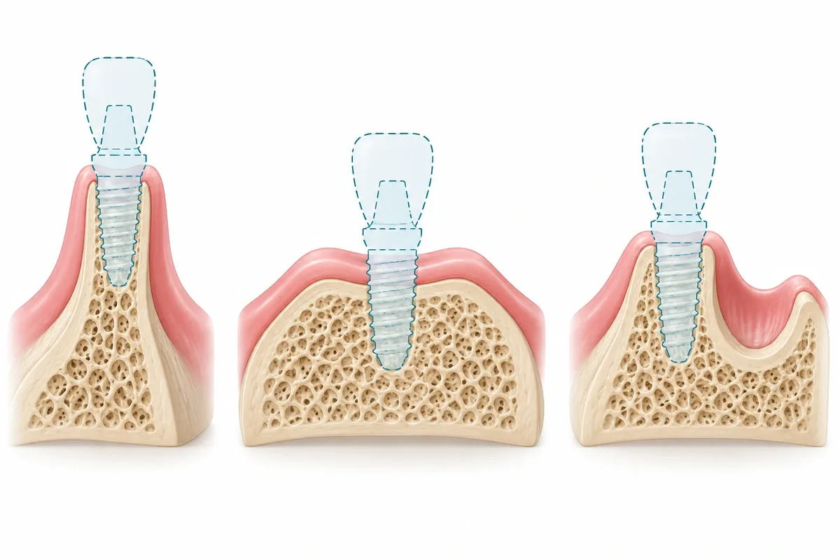 Three cross-section illustrations of a jaw ridge showing loss of width, loss of height, and a dented contour defect