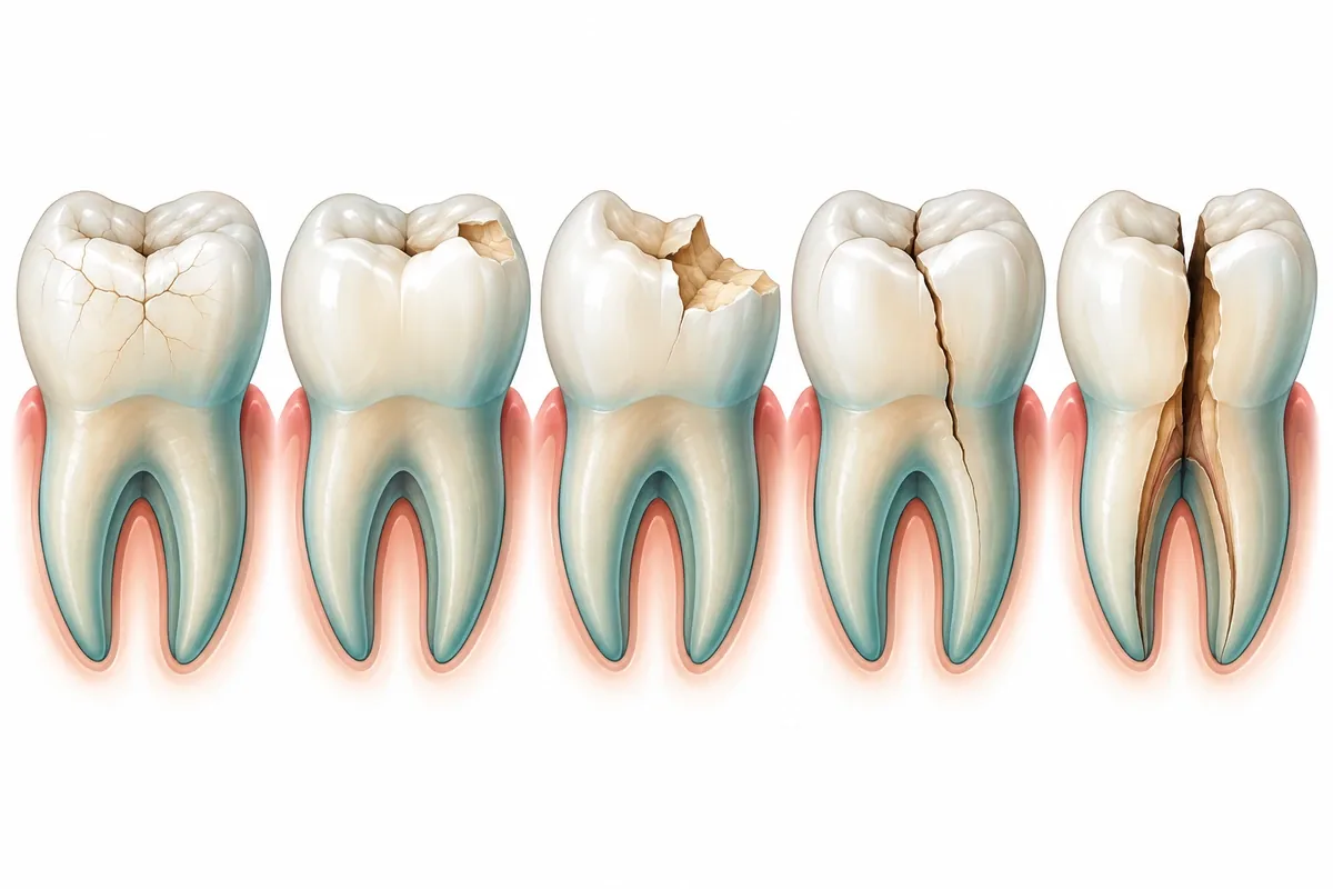 Illustration of five teeth showing a surface craze line, chipped corner, fractured cusp, crack reaching the gumline, and split tooth