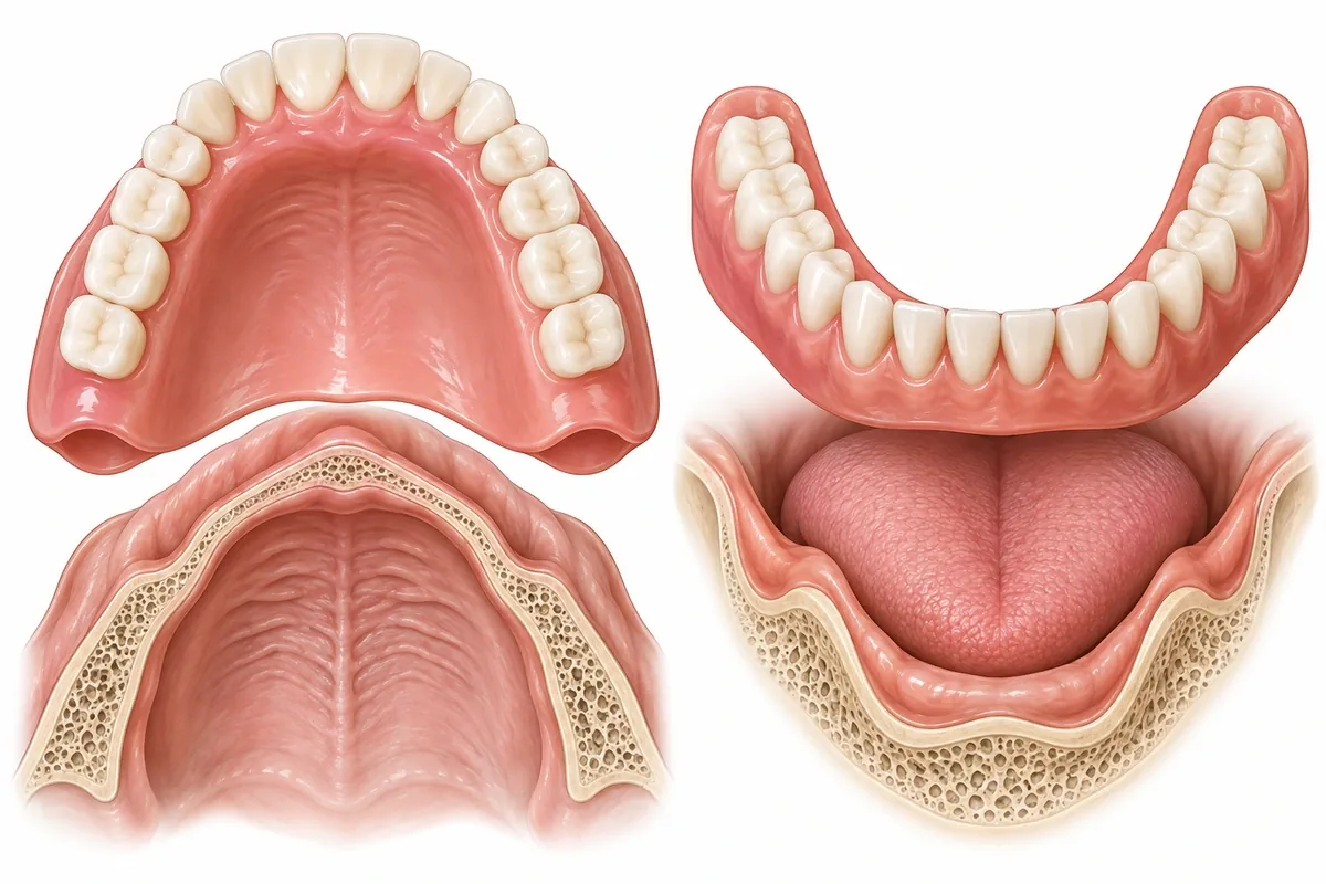 Cross-section illustration comparing an upper denture sealing against the palate with a lower denture resting on a narrow ridge