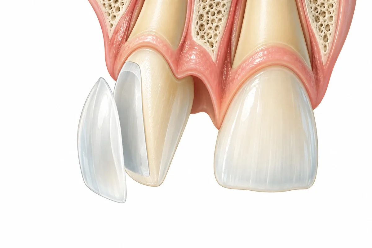 Cross-section illustration of a front tooth showing a thin enamel layer removed and a porcelain veneer bonded in its place
