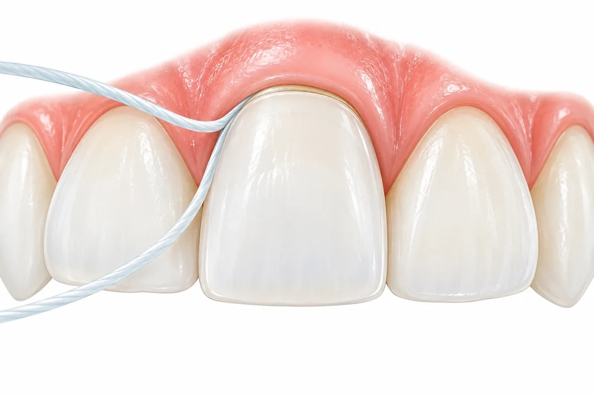 Illustration of a veneered front tooth showing the thin margin where porcelain meets enamel at the gum line and floss passing beside it
