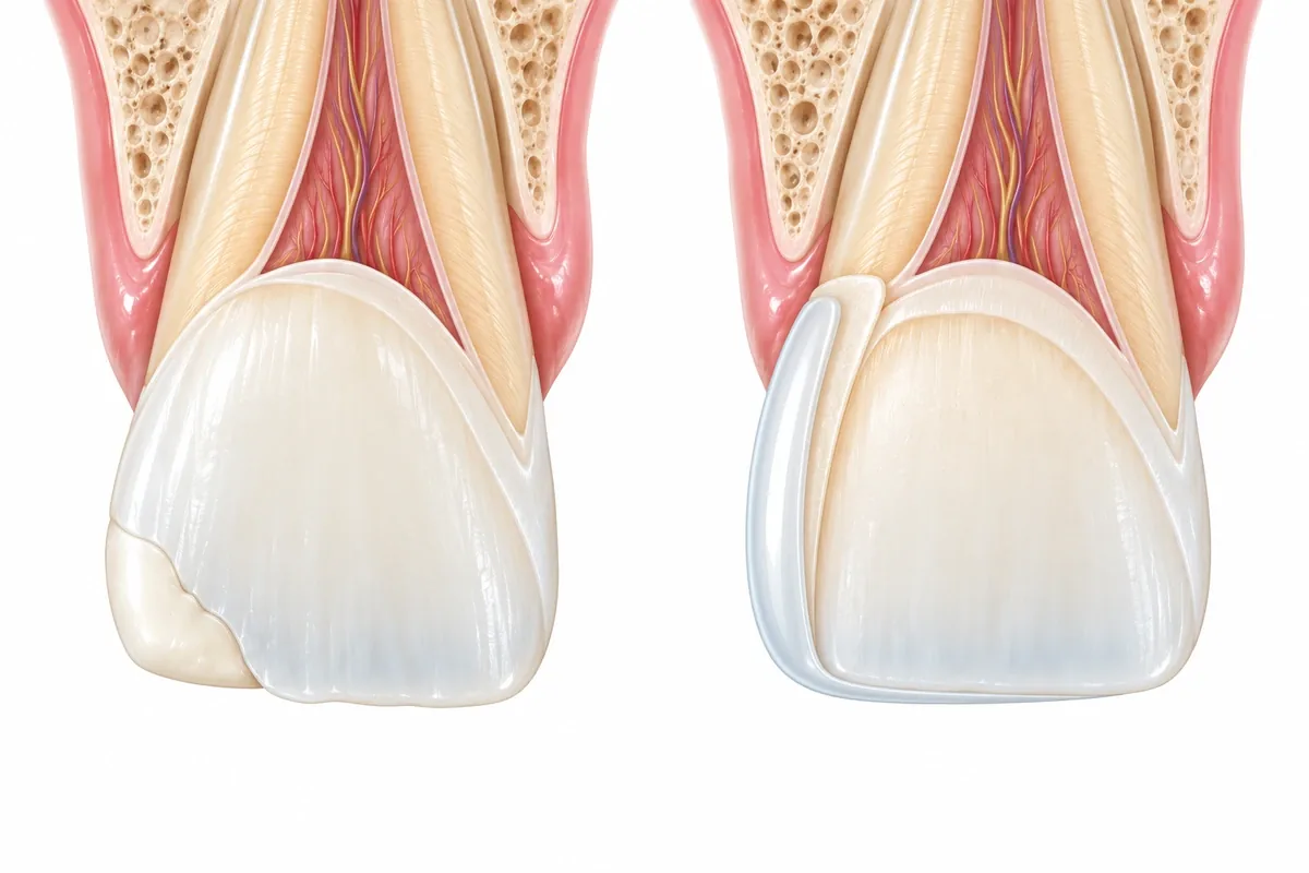 Side-by-side cross-section illustration of a tooth with a small bonded resin repair and a tooth with a full porcelain veneer