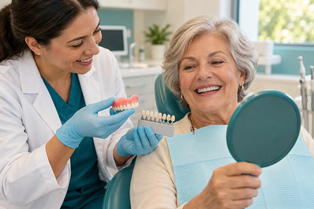Dentist showing an older adult a wax denture try-in and a tooth shade guide in a mirror