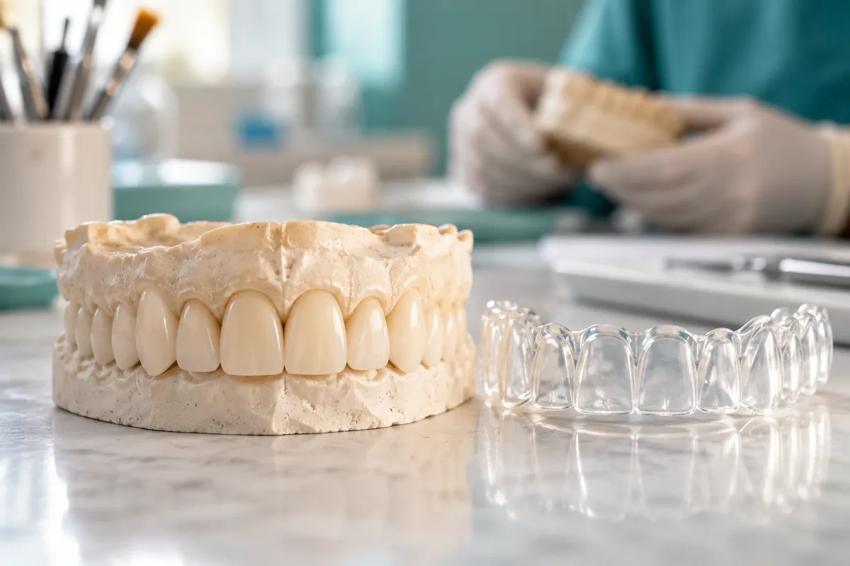 Close-up of a dental model with planned tooth shapes built up in wax next to a set of clear trial teeth