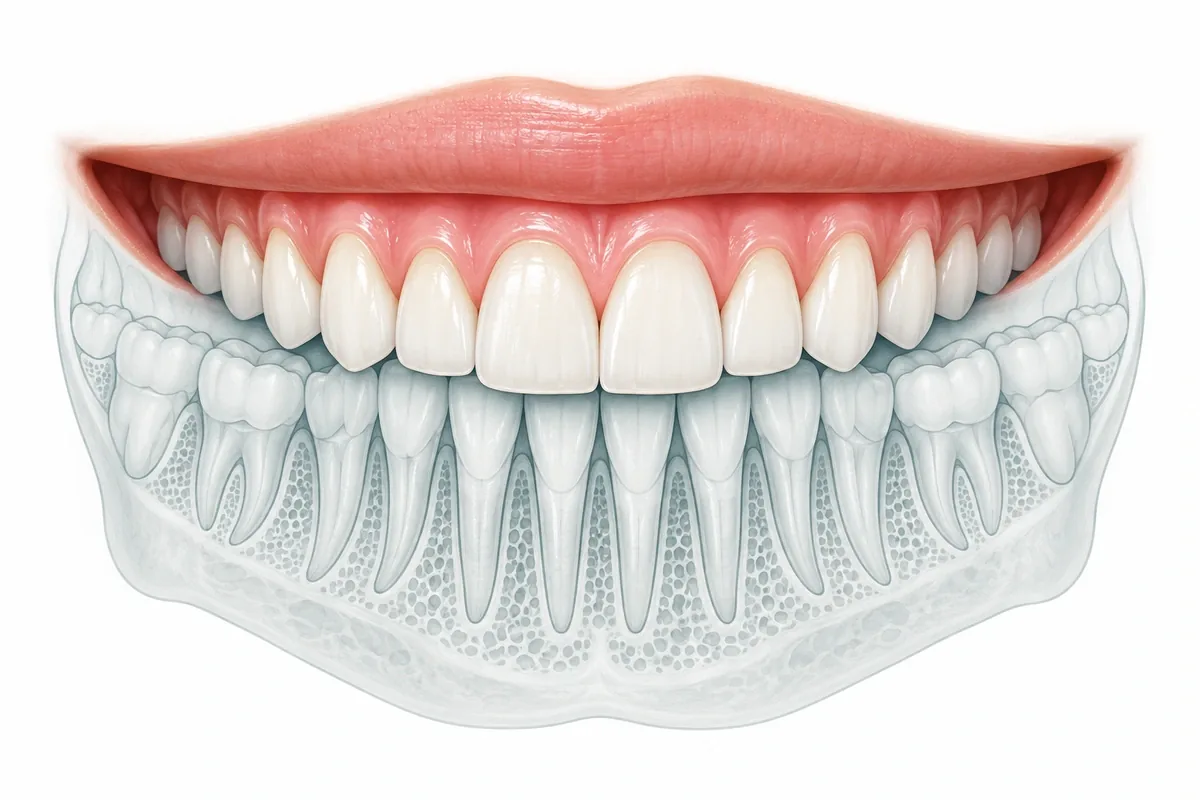 Illustration of a smiling mouth with the visible front teeth and gum line highlighted and the hidden roots, bone and back teeth shaded