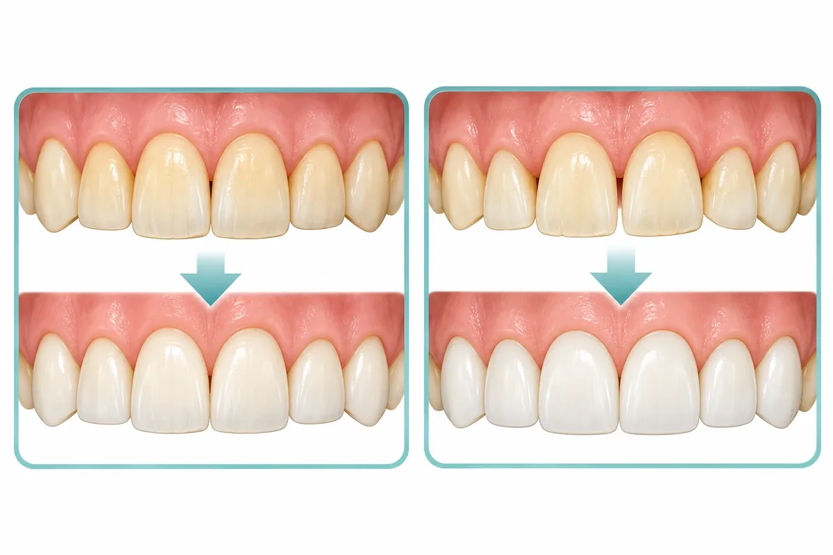 Two-panel illustration: a row of front teeth lightened in color only, and the same teeth reshaped and lengthened with veneers