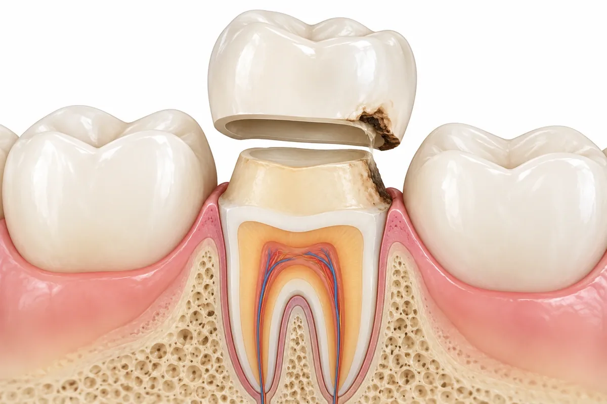 Cross-section illustration of a crowned tooth showing decay under the crown margin, a short worn tooth core, and washed-out cement